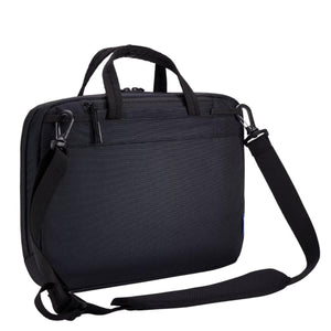 Black 14-inch laptop and tablet attache by Thule, textured, with top handles, zipper pockets, and a detachable padded shoulder strap, side view.