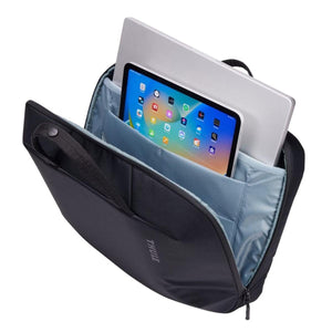 Black 16-inch laptop and tablet attache by Thule, opened to reveal a laptop and tablet in a light blue padded interior.