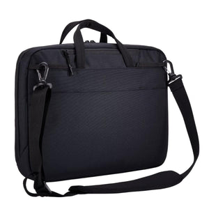 Black 16-inch laptop and tablet attaché by Thule, with top handles, a detachable shoulder strap, and a fine woven texture.