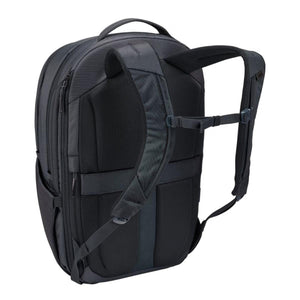 Dark gray backpack by Thule with padded back panel and adjustable shoulder straps, viewed from the back.