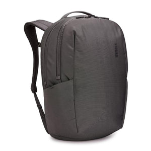 Dark grey textured backpack by Thule with a top handle, shoulder straps, and a visible vertical logo.