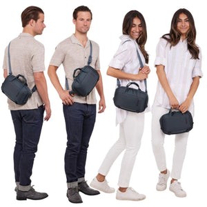Dark grey 5L crossbody bag by Thule worn by men and women in various crossbody and hand-carry styles.