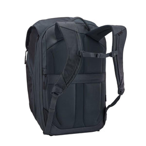 Dark grey travel backpack by Thule, shown from the back with a padded mesh panel, shoulder straps, and chest strap.