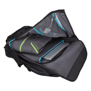 Dark Shadow Gray Thule Subterra 25L Backpack by Thule, open top view revealing a jacket, laptop, and mesh pocket with blue and green accents.