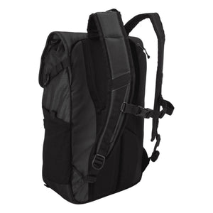 Dark Shadow Gray roll-top backpack by Thule with padded straps, a chest buckle, and a side pocket, from the back-left.