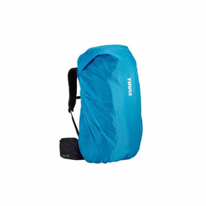Backpack with a vibrant blue rain cover by Thule, featuring visible black shoulder straps and base.