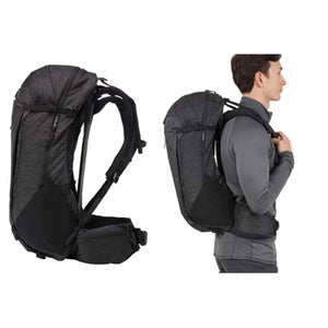 Black 30L backpack by Thule with a heathered texture, shown freestanding and on a male model's back.