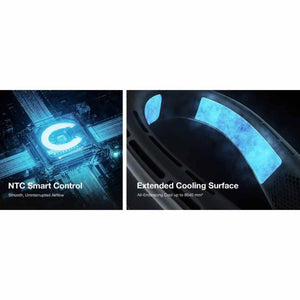 Black wearable neck air conditioner by Torras, showing blue glowing NTC Smart Control and extended cooling surfaces.