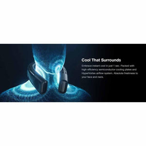 Black wearable neck air conditioner by Torras, worn on a person's neck with blue cooling effects.