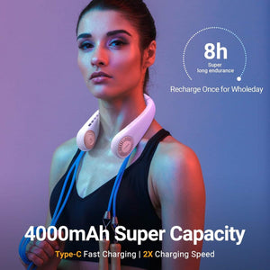 White bladeless neck air conditioner by Torras with rose gold accents, worn by a woman holding a blue jump rope.