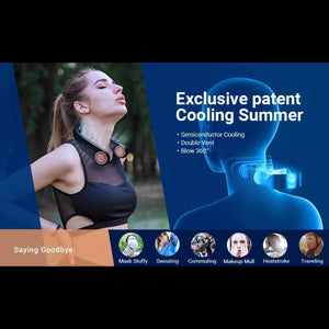 Black bladeless neck air conditioner by Torras with bronze vents, worn by a woman in a black sports top.