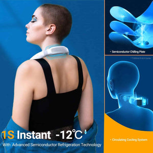 White bladeless neck air conditioner by Torras, worn around a person's neck, with visible cooling effects and explanatory diagrams.