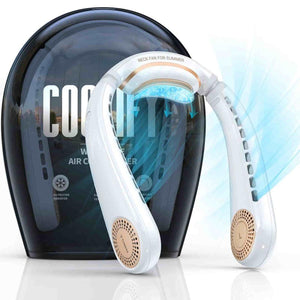 White bladeless neck air conditioner by Torras, with gold accents and blue cooling effect, in front of a black 'COOLIFY' display case.