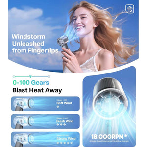 Charcoal handheld fan by Torras, held by a smiling woman, showcasing blue 'windstorm' effects and key performance specs.