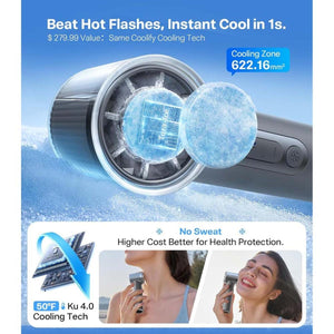 Charcoal handheld fan by Torras with visible ice cooler technology, shown in close-up and used by women for instant cooling.