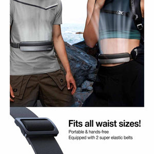 Grey wearable waist fan by Torras, worn by two people showing airflow and an elastic belt buckle.