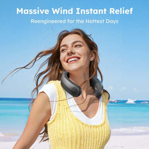 Dark gray portable neck fan by Torras with a mesh grille, worn by a smiling woman in a yellow top at a sunny beach.