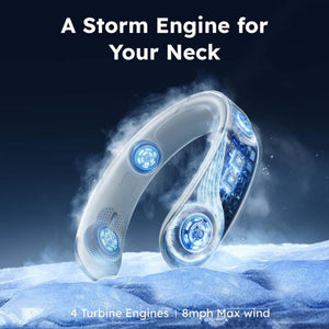 White portable neck fan from Torras, with blue glowing turbine engines emitting mist on an icy surface.