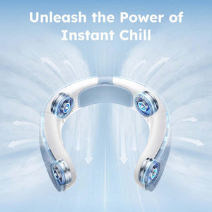 White and light blue foldable neck fan by Torras, showing blue-lit fans and air flow arrows.