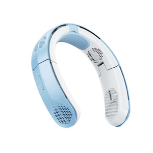 Foldable neck fan in light blue and white by Torras, with ventilation grilles and smooth sections.