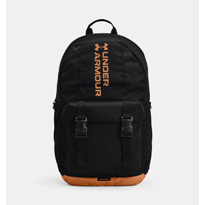 Black laptop backpack with an orange base by Under Armour, featuring vertical orange branding, two front buckles, and 'HStorm' text.
