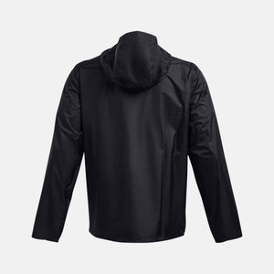 Black hooded jacket by Under Armour, shown from the back with long sleeves.