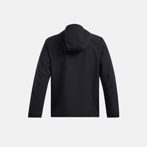 Black hooded jacket by Under Armour, made from smooth fabric, back view.