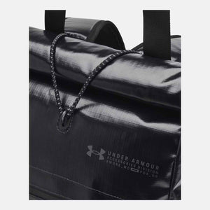 Black Summit Small Backpack by Under Armour made of glossy ripstop material with bungee cord closure and subtle logo text.