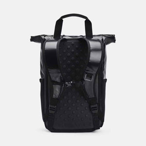 Black roll-top backpack by Under Armour, back view, with padded, dotted back panel and adjustable straps.