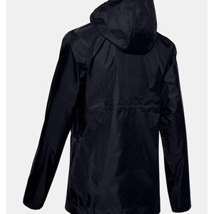 Black hooded women's Cloudstrike Shell Jacket by Under Armour, featuring a back seam and elasticized hem.
