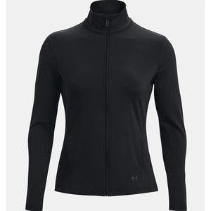 Black women's motion jacket by Under Armour with a full-zip front, mock neck, and tonal logo on the left.