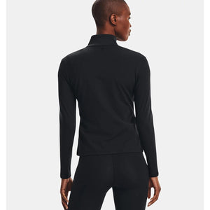 Black Women's Motion Jacket by Under Armour with a mock neck and quarter-zip, seen from the back on a model.