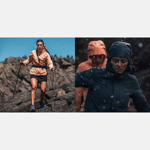 Orange and navy women's stormproof jacket by Under Armour, worn by models hiking and running in the rain.