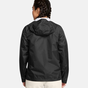 Black hooded jacket by Under Armour, shown from the back on a model with braided hair.