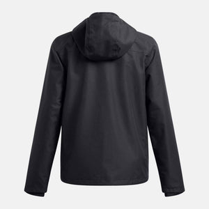Black stormproof lined rain jacket by Under Armour, back view, with a hood and long sleeves.