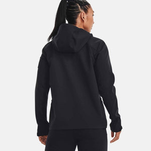 Black Women's Tactical Softshell Jacket by Under Armour, with a hood, seen from the back.