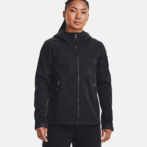 Black Women's Tactical Softshell Jacket by Under Armour, hooded with a full front zipper and zippered pockets.
