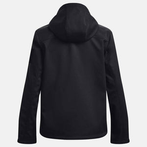 Black women's tactical softshell jacket by Under Armour with a hood, shown from the back.