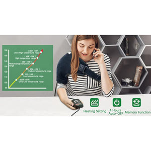 Black electric shoulder heating pad by UTK Technology worn by a woman using a phone, with a visible temperature chart and feature icons.