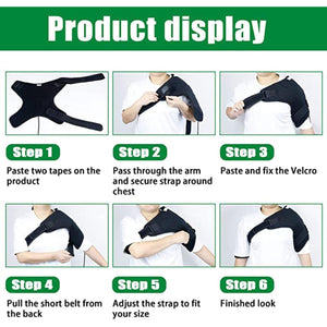 Black electric heated shoulder wrap by UTK Technology, showing a 6-step instructional display of a person wearing it.