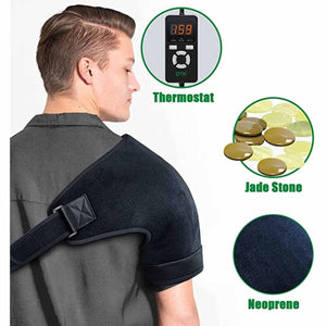 Black neoprene electric heated shoulder wrap by UTK Technology worn on a man's shoulder, with a thermostat, jade stones, and neoprene fabric shown in insets.