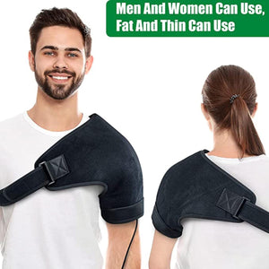 Black far infrared electric heated shoulder wrap by UTK Technology, worn by a man and woman.