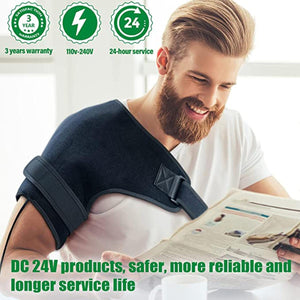Black shoulder heating pad by UTK Technology, worn by a smiling bearded man reading a newspaper.