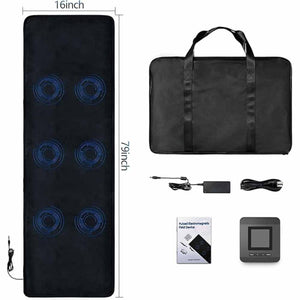 Black 16x79 inch Full Body Bio-PEMF Mat by UTK Technology with visible coil patterns, carrying bag, and controller.