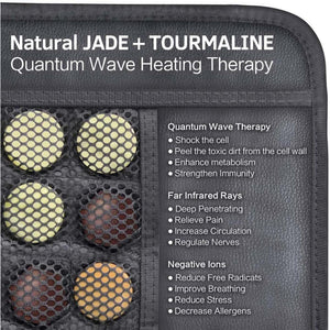 Jade and Tourmaline Quantum Wave Heating Pad by UTK Technology, featuring circular stones on a black mesh mat with therapy benefits listed.