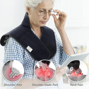 Black fabric infrared heating pad by UTK Technology worn by an elderly woman with glasses, holding a tablet, with pain diagrams of neck and shoulder areas.