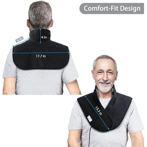 Black neck and shoulder heating pad by UTK Technology with comfort-fit design, showing dimensions from back and front.
