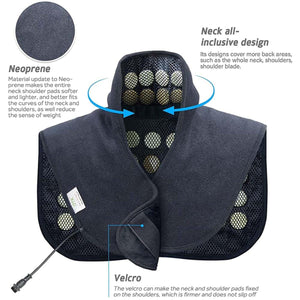 Black neoprene infrared heating pad by UTK Technology, featuring ceramic stones under mesh, designed for neck and shoulders with velcro closure.