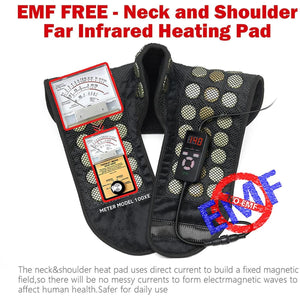 Black mesh far infrared neck and shoulder heating pad by UTK Technology, with visible circular elements, a digital controller, and EMF meters showing low readings.