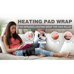 Black far infrared heating therapy wrap by UTK Technology on a woman's leg, highlighting its use for various body parts.